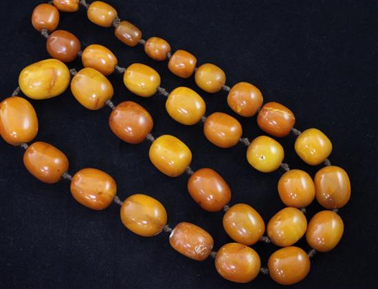 A single strand graduated oval amber bead necklace, 33in.